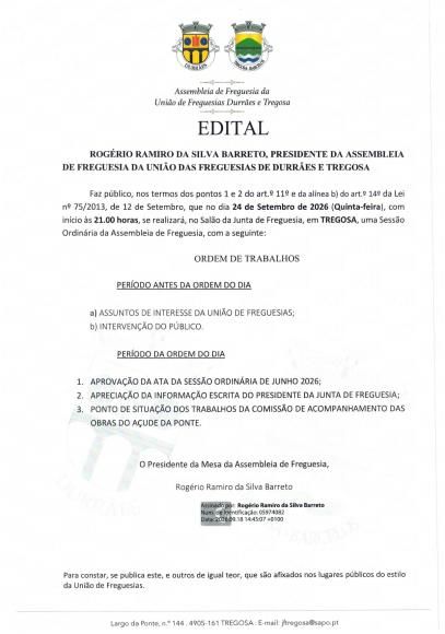 Reuni&atilde;o de Assembleia de Freguesia | setembro 2026